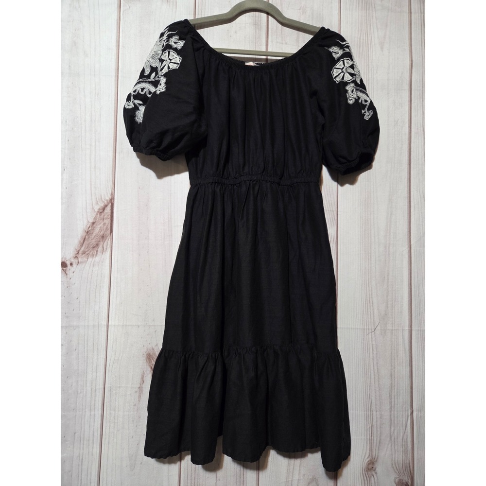 Knox Rose Black Embroidered Puff Sleeve Mini Dress XS Boho Tiered Ruffle